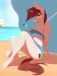 Size: 3000x4000 | Tagged: safe, artist:chapaevv, oc, oc only, oc:littlepip, anthro, unguligrade anthro, fallout equestria, beach, breasts, cleavage, drink, explosion, female, horn, looking at you, ocean, patreon, patreon reward, sitting, solo, summer, umbrella, underboob