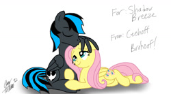 Size: 1446x797 | Tagged: safe, artist:ceehoff, fluttershy, oc, pegasus, pony, g4, canon x oc, female, hug, kissing, lying down, male, mare, prone, shipping, signature, simple background, smiling, stallion, straight, white background, winghug, wings