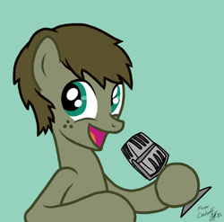 Size: 805x795 | Tagged: safe, artist:ceehoff, oc, oc only, earth pony, pony, bust, earth pony oc, freckles, green background, hoof hold, male, microphone, open mouth, signature, simple background, smiling, solo, stallion