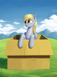 Size: 1500x2000 | Tagged: safe, artist:ivg89, derpy hooves, pegasus, pony, g4, box, cardboard box, pony in a box, scenery, solo