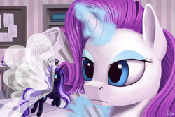 Size: 3000x2000 | Tagged: safe, artist:ivg89, nightmare rarity, rarity, breezie, pony, unicorn, breeziefied, female, glowing horn, high res, horn, lidded eyes, mare, newspaper, revised, self ponidox, species swap, this will end in death, this will end in tears, this will end in tears and/or death, unamused