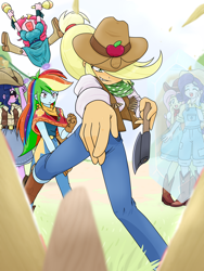 Size: 1668x2224 | Tagged: safe, artist:batipin, applejack, fluttershy, pinkie pie, rainbow dash, rarity, sci-twi, twilight sparkle, equestria girls, g4, axe, blushing, cowboy hat, female, glowing hands, hat, magic, mane six, maracas, musical instrument, throwing, weapon, wood