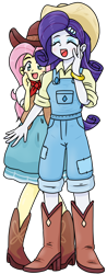 Size: 450x1148 | Tagged: safe, alternate version, artist:batipin, fluttershy, rarity, equestria girls, g4, boots, clothes, cowboy hat, duo, eyes closed, female, hat, open mouth, overalls, shoes, simple background, transparent background