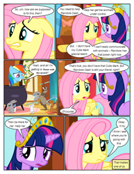 Size: 612x792 | Tagged: safe, artist:newbiespud, edit, edited screencap, screencap, fluttershy, rainbow dash, twilight sparkle, ferret, pegasus, pony, rabbit, unicorn, comic:friendship is dragons, g4, magical mystery cure, animal, big crown thingy, cauldron, comic, dialogue, element of magic, eyelashes, female, fluttershy's cottage, horn, jewelry, mare, open mouth, regalia, screencap comic, swapped cutie marks, tied up, unicorn twilight, wings, worried