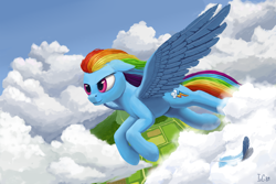 Size: 2000x1333 | Tagged: safe, artist:ivg89, rainbow dash, pegasus, pony, cloud, feather, female, flying, revised, scenery, solo, windswept mane