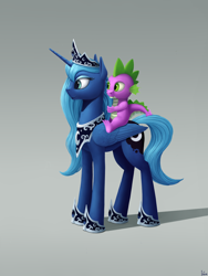 Size: 1650x2200 | Tagged: safe, artist:ivg89, princess luna, spike, alicorn, dragon, pony, g4, dragons riding ponies, duo, jewelry, regalia, revised, riding, s1 luna, spike riding luna