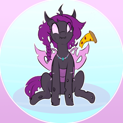 Size: 2000x2000 | Tagged: safe, artist:solos, oc, oc only, oc:coco (changeling), changeling, changeling queen, braid, changeling queen oc, eating, food, high res, pizza, purple changeling, spread wings, wings