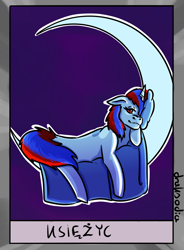 Size: 580x790 | Tagged: safe, artist:draksodia, oc, oc:snowi, pony, unicorn, blue hair, card, female, full body, horn, looking at you, mare, mare in the moon, moon, neigh, polish, red and blue, red eyes, red hair, white pony
