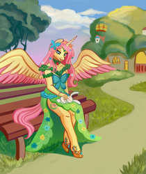 Size: 3890x4632 | Tagged: safe, artist:bartolomy, angel bunny, oc, oc:princess fluttershy, alicorn, anthro, au:friendship is kindness, g4, alicorn oc, alicornified, alternate clothes, alternate cutie mark, alternate design, alternate hairstyle, alternate universe, bench, clothes, commission, dress, fluttershy's cottage, gala dress, hoof shoes, horn, jewelry, motherly love, race swap, sleeping, story included, sweet dreams fuel, tiara, two toned wings, wings, ych result
