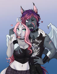 Size: 2550x3300 | Tagged: safe, artist:askbubblelee, oc, oc:orpheus, oc:rosie quartz, bat pony, unicorn, anthro, unguligrade anthro, anthro oc, bat pony oc, belly button, belly piercing, bellyring, clothes, coat markings, curved horn, digital art, duo, ear piercing, facial markings, fangs, female, friends, goth, gradient background, high res, horn, male, mare, one eye closed, piercing, rick and morty, scar, snip (coat marking), stallion, tongue out, unicorn oc, wink