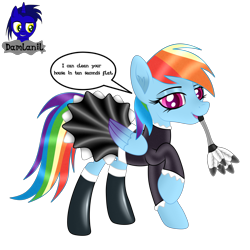 Size: 3840x3840 | Tagged: safe, alternate version, artist:damlanil, rainbow dash, pegasus, pony, g4, blushing, clothes, comic, cute, duster, eyeshadow, female, happy, high res, latex, latex socks, looking at you, maid, makeup, mare, mouth hold, open mouth, rainbow maid, raised hoof, rubber, shine, shiny mane, simple background, socks, solo, talking to viewer, text, transparent background, vector, wings
