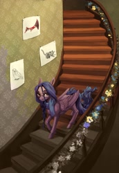 Size: 2000x2910 | Tagged: safe, artist:weird--fish, oc, oc only, pegasus, pony, glasses, high res, looking at you, solo, stairs