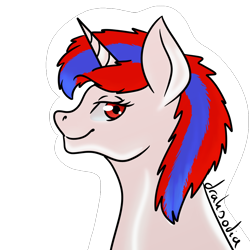 Size: 1000x1000 | Tagged: safe, artist:draksodia, oc, oc:snowi, pony, unicorn, blue hair, bust, female, horn, looking at you, mare, red and blue, red eyes, red hair, smiling, smiling at you, white pony