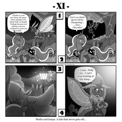 Size: 1200x1200 | Tagged: safe, artist:vavacung, princess luna, queen chrysalis, alicorn, insect, moth, pony, comic:out of chrysalis, g4, behaving like a moth, bugs doing bug things, comic, female, lamp, lämp, question mark, species swap