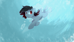 Size: 1920x1080 | Tagged: safe, artist:daftochaos, oc, oc only, earth pony, original species, pony, shark, shark pony, art trade, black mane, blue background, bubble, crepuscular rays, dorsal fin, fangs, flowing mane, ocean, red eyes, simple background, smiling, solo, sunlight, swimming, underwater, water