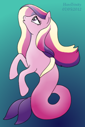Size: 350x525 | Tagged: safe, artist:haretrinity, princess cadance, merpony, pony, sea pony, g4, crepuscular rays, eyelashes, female, fish tail, flowing mane, flowing tail, looking up, multicolored hair, ocean, open mouth, purple eyes, seaponified, seapony cadance, solo, species swap, tail, underwater, water