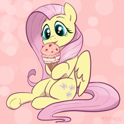 Size: 2048x2048 | Tagged: safe, artist:pfeffaroo, fluttershy, pegasus, pony, g4, abstract background, cute, daaaaaaaaaaaw, female, food, high res, holding, hoof hold, ice cream, licking, looking at something, mare, shyabetes, sitting, smiling, solo, three quarter view, tongue out, underhoof, wings