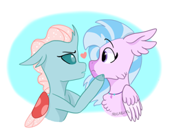 Size: 2281x1761 | Tagged: safe, artist:moccabliss, ocellus, silverstream, changedling, changeling, classical hippogriff, hippogriff, g4, female, heart, lesbian, ship:ocellustream, shipping