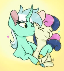 Size: 1454x1611 | Tagged: safe, artist:moccabliss, bon bon, lyra heartstrings, sweetie drops, earth pony, pony, unicorn, g4, cloven hooves, colored hooves, curved horn, eyes closed, female, happy, heart, horn, lesbian, mare, nuzzling, one eye closed, ship:lyrabon, shipping, smiling