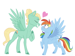 Size: 2732x2048 | Tagged: safe, artist:moccabliss, rainbow dash, zephyr breeze, pegasus, pony, g4, blushing, colored hooves, female, heart, high res, male, mare, ship:zephdash, shipping, simple background, spread wings, stallion, straight, white background, wings