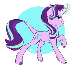 Size: 2305x2048 | Tagged: safe, artist:moccabliss, starlight glimmer, classical unicorn, pony, unicorn, g4, cloven hooves, curved horn, female, glowing horn, high res, horn, leonine tail, magic, mare, raised hoof, simple background, solo, transparent background, unshorn fetlocks