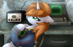 Size: 3400x2204 | Tagged: safe, artist:hollistars, oc, oc only, oc:littlepip, pony, unicorn, fallout equestria, chair, clothes, computer, floppy ears, high res, horn, jumpsuit, pipbuck, radio, sitting, smiling, solo, stable (vault), terminal, unicorn oc, vault, vault suit
