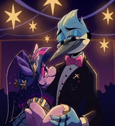 Size: 1000x1100 | Tagged: safe, artist:southpauz, twilight sparkle, alicorn, bird, blue jay, pony, g4, airplanes (song), bowtie, clothes, crossover, crossover shipping, dress, female, interspecies, looking at each other, male, mare, marriage, meme, mordecai, mordetwi, plane, regular show, shipping, standing, straight, tuxedo, twilight sparkle (alicorn), wedding, wedding dress, wedding veil