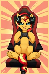 Size: 2649x4000 | Tagged: safe, artist:confetticakez, sunset shimmer, pony, unicorn, 666, :p, abstract background, chair, controller, female, gamer sunset, gaming chair, gaming headset, headphones, hoof hold, index get, looking at you, mare, microphone, office chair, solo, tongue out
