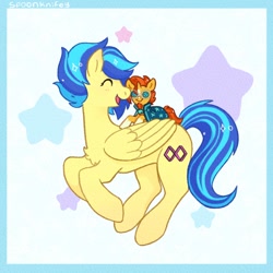 Size: 1362x1362 | Tagged: safe, artist:spoonknifey, sunburst, oc, oc only, oc:koa, pegasus, pony, g4, blaze (coat marking), coat markings, eyes closed, facial markings, happy, plushie, smiling, socks (coat markings), solo