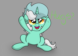 Size: 3230x2323 | Tagged: safe, artist:background basset, lyra heartstrings, pony, unicorn, g4, female, filly, gray background, happy, high res, simple background, sitting, solo, text, younger