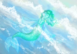 Size: 1754x1240 | Tagged: safe, artist:piandow, oc, oc only, hybrid, merpony, seapony (g4), bubble, dorsal fin, eyes closed, fin wings, fish tail, flowing mane, flowing tail, green mane, ocean, signature, smiling, solo, sunlight, swimming, tail, underwater, water, wave, wings