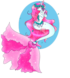 Size: 1152x1280 | Tagged: safe, artist:niniibear, oc, oc only, hybrid, merpony, seapony (g4), auction, blushing, dorsal fin, female, fin wings, fins, fish tail, flower, flower in hair, flowing mane, flowing tail, green eyes, pink mane, signature, simple background, solo, sparkles, starry tail, tail, transparent background, wings
