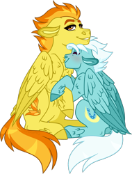Size: 1147x1510 | Tagged: safe, artist:artistcoolpony, fleetfoot, spitfire, pegasus, pony, g4, blushing, chest fluff, commission, eyes closed, female, fleetfire, grin, lesbian, mare, nuzzling, shipping, simple background, sitting, smiling, transparent background