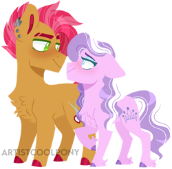 Size: 1024x1003 | Tagged: safe, artist:artistcoolpony, babs seed, diamond tiara, earth pony, pony, g4, alternate hairstyle, babstiara, bedroom eyes, blushing, chest fluff, ear piercing, earring, eyeshadow, female, jewelry, lesbian, looking at each other, makeup, mare, older, older babs seed, older diamond tiara, piercing, raised hoof, shipping, simple background, size difference, transparent background, unshorn fetlocks
