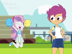 Size: 1920x1440 | Tagged: safe, artist:phantomshadow051, scootaloo, sweetie belle, human, equestria girls, g4, belly button, cheerleader, cheerleader outfit, clothes, converse, female, lesbian, pom pom, ship:scootabelle, shipping, shoes, soccer field
