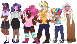 Size: 2033x1175 | Tagged: safe, artist:artistcoolpony, applejack, fluttershy, pinkie pie, rainbow dash, rarity, twilight sparkle, human, g4, :p, alternate hairstyle, applejack's hat, bandaid, boots, chubby, clothes, converse, cowboy boots, cowboy hat, dark skin, diversity, dress, ear piercing, earring, eyeshadow, female, fingerless gloves, flannel, flats, freckles, gloves, gritted teeth, hat, high heels, hoodie, humanized, jewelry, lipstick, looking at each other, makeup, mane six, masculine, nail polish, nylon, one eye closed, peace sign, piercing, shoes, shorts, simple background, size difference, skirt, sleeveless, sleeveless hoodie, socks, stockings, striped socks, tank top, thigh highs, tongue out, transparent background, wink