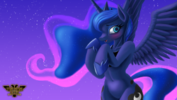 Size: 3840x2160 | Tagged: safe, artist:tsaritsaluna, princess luna, alicorn, semi-anthro, g4, luna eclipsed, arm hooves, blushing, both cutie marks, crown, embarrassed, eyeshadow, female, high res, hind legs, jewelry, makeup, mare, regalia, scene interpretation, solo, spread wings, wide hips, wings
