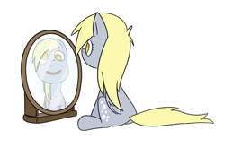 Size: 806x533 | Tagged: safe, artist:cookieboy011, derpy hooves, pegasus, pony, cute, mirror, reflection, simple background, solo, white background