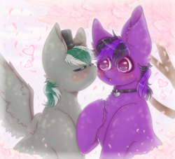 Size: 1100x1000 | Tagged: safe, oc, oc only, oc:kioshka, oc:octaver, earth pony, pegasus, pony, cherry blossoms, couple, cute, flower, flower blossom, heart, kissing, kissy face, love, romance, romantic