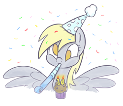 Size: 468x404 | Tagged: safe, artist:cookieboy011, derpy hooves, pegasus, pony, mlp fim's tenth anniversary, g4, confetti, food, hat, muffin, party hat, party horn, simple background, solo, white background