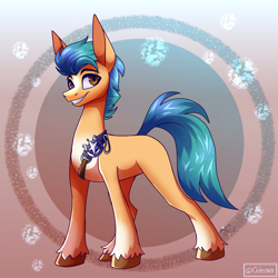 Size: 2500x2500 | Tagged: safe, artist:celes-969, hitch trailblazer, earth pony, pony, g5, belt, cute, gradient background, grin, high res, hitchbetes, looking at you, male, markings, missing cutie mark, smiling, smiling at you, solo, stallion, unshorn fetlocks
