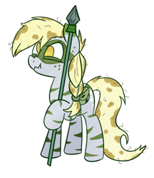 Size: 465x539 | Tagged: safe, artist:cookieboy011, derpy hooves, pegasus, pony, g4, alternate timeline, braid, chrysalis resistance timeline, messy mane, nose wrinkle, scrunchy face, simple background, solo, spear, weapon, white background