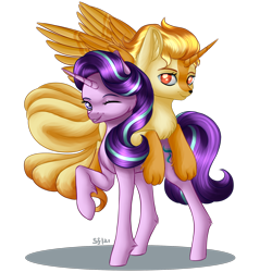 Size: 2000x2000 | Tagged: safe, artist:brilliant-luna, starlight glimmer, oc, alicorn, fox, fox pony, hybrid, kitsune, kitsune pony, ninetales, original species, poképony, pony, unicorn, g4, duo, high res, pokémon, request, simple background, transparent background