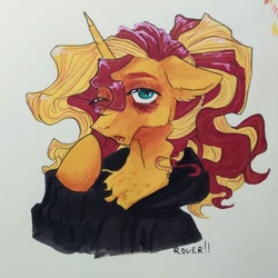 Size: 1080x1080 | Tagged: safe, artist:rover, artist:rrrover, sunset shimmer, pony, unicorn, equestria girls, g4, alternate hairstyle, bust, clothes, hoodie, ponytail, portrait, sleepy, solo, tired