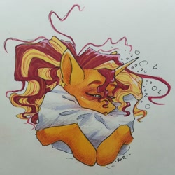 Size: 1080x1080 | Tagged: safe, artist:rover, artist:rrrover, sunset shimmer, pony, unicorn, equestria girls, g4, alternate hairstyle, pillow, ponytail, sleeping, sleepy, solo, tired