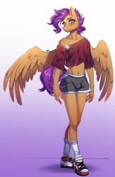 Size: 1333x2048 | Tagged: safe, artist:averageocporn, oc, oc only, pegasus, anthro, anthro oc, clothes, dressed, femboy, male, midriff, not scootaloo, off shoulder, solo