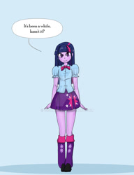 Size: 900x1170 | Tagged: safe, artist:peribooty, twilight sparkle, human, equestria girls, g4, looking at you, solo, speech bubble, talking to viewer