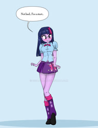 Size: 900x1170 | Tagged: safe, artist:peribooty, part of a set, twilight sparkle, equestria girls, blushing, breast expansion, breasts, clothes, dialogue, female, growth, leg warmers, looking at you, shirt, shoes, simple background, skirt, smiling, solo, speech bubble