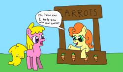 Size: 1777x1042 | Tagged: safe, artist:yorkyloves, carrot top, cherry berry, golden harvest, earth pony, pony, g4, background pony, carrot, chatting, duo, female, food, gasp, mare, open mouth, park, speech bubble, stand, talking