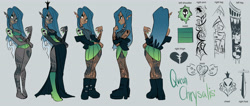 Size: 4700x2000 | Tagged: safe, artist:galaxiedream, queen chrysalis, human, barefoot, belt, boots, bra, choker, clothes, commission, crown, dark skin, dress, ear piercing, earring, elf ears, eyeshadow, fangs, feet, fishnets, genderfluid, gray background, green underwear, high heel boots, high res, humanized, jacket, jewelry, leather jacket, lipstick, makeup, nail polish, nose piercing, open mouth, panties, piercing, reference sheet, regalia, shoes, simple background, skirt, sleeveless, sleeveless sweater, solo, spiked choker, spiked wristband, sweater, tanktop, tattoo, toenail polish, tongue piercing, torn clothes, underwear, wall of tags, winged humanization, wings, wristband